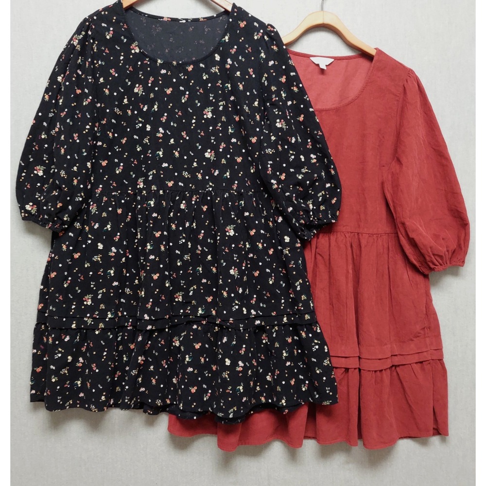 Lot 2 Tiered Corduroy Midi Prairie Dresses 16/18 Cottagecore Boho Balloon Sleeve